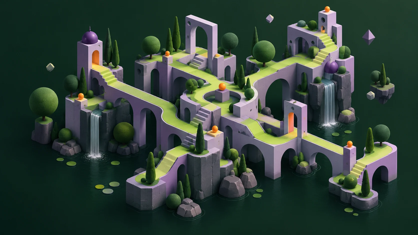 An isometric game world with branching paths, sculptural trees and colourful puzzle architecture